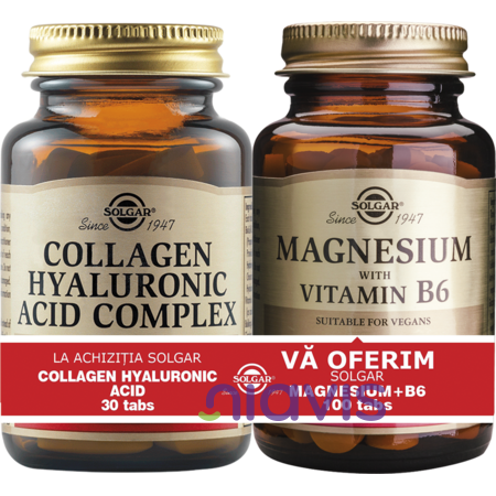 Solgar Pachet Collagen Hyaluronic Acid 120mg 30tablete + Magnesium cu B6 100 tablete CADOU