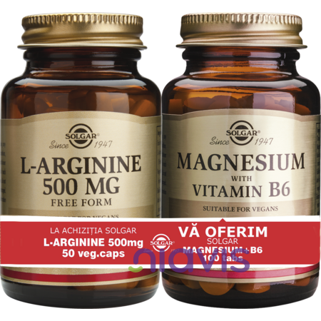 Solgar Pachet L-arginine 500mg 50cps + Magnesium cu B6 100 tablete  CADOU