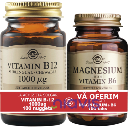 Solgar Pachet Vitamin B-12 1000 ug nuggets 100s + Magnesium cu B6 100 tablete CADOU