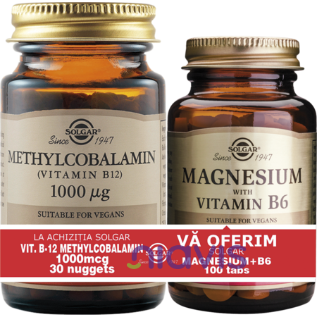 Solgar Pachet Methylcobalamin (Vitamin B-12) 1000g 30 tablete + Magnesium cu B6 100 tablete CADOU