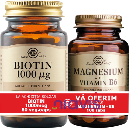 Solgar Pachet Biotin 1000mcg 50 capsule vegetale + Magnesium cu B6 100 tablete CADOU