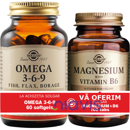 Solgar Pachet Omega 3-6-9 60cps + Magnesium cu B6 100 tablete GRATIS