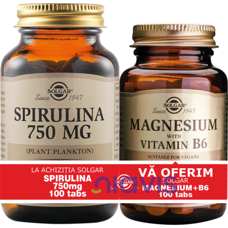 Solgar Pachet Spirulina 750mg 100tablete + Magnesium cu B6 100 tablete GRATIS