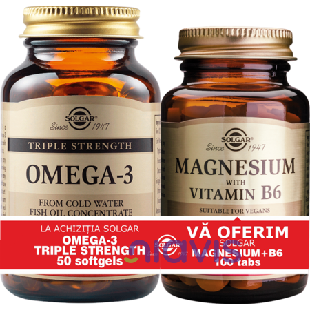 Solgar Pachet Omega-3 Triple Strength 50 caps + Magnesium cu B6 100 tablete GRATIS