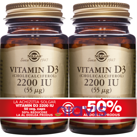 Solgar Vitamin D3 2200ui 50cps PACHET 1+1-50%
