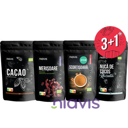 Niavis Pachet Cacao Pulbere Ecologica 250g + Merisoare Ecologice 125g + Scortisoara Pulbere Ecologica 60g + Cadou Nuca de cocos Razuita ecologica 125g