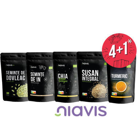 Niavis Pachet Seminte de In Zdrobite Ecologice/Bio 250g + Seminte de Chia Ecologice/Bio 125g + Seminte de Susan Integral Ecologice/Bio 250g +  Seminte de Dovleac Ecologice/Bio 250g + Cadou Turmeric Pulbere Ecologica/Bio 125g