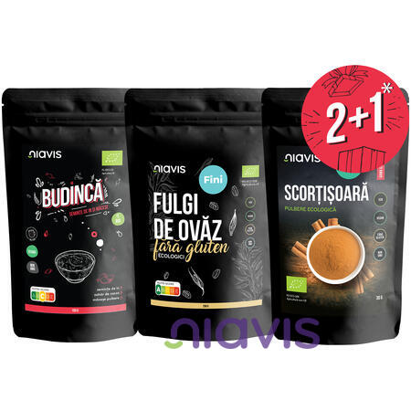 Niavis Pachet Budinca Instant cu Seminte de In si Macese Ecologica/Bio 150g + Fulgi de Ovaz Ecologici Fini fara Gluten 250g + Cadou Scortisoara Ceylon Pulbere Ecologica/Bio 30g