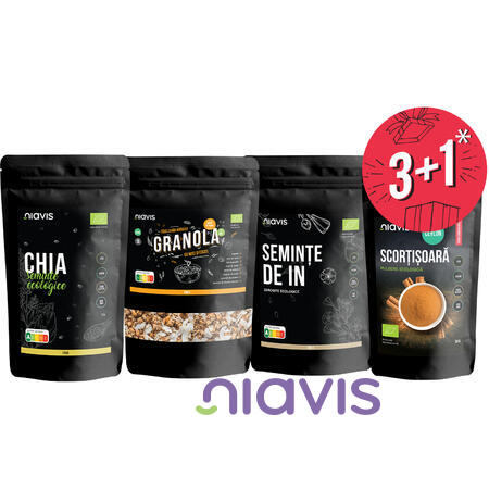 Niavis Pachet Seminte de In Zdrobite Ecologice/Bio 250g + Seminte de Chia Ecologice/Bio 125g + Granola cu Nuci si Cocos Ecologica/Bio 200g + Cadou Scortisoara Ceylon Pulbere Ecologica/Bio 30g